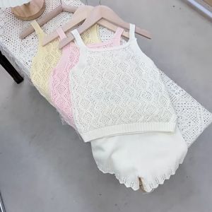【READY STOCK】Girls Suit Summer Children Fashion Knitted Camisole Top+Shorts Two-Piece Suit (C279)