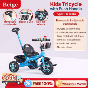 Beige Bike For Kids Girl Boy Baby Bike Tricycle With Front Back Basket And Push Handle Stroller Bike for kids