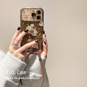 Ufull Ins Autumn Winter Brown Sketch Oil Painting Flower Design Leather Phone Case for Apple 16Promax iPhone 17 New Model 15 Girls 13Pro Handheld Lanyard 14Pro AntiFall Soft Shell