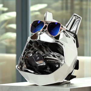 Polygon Bulldog Dog Head Figurine with Storage: Golden Silver Electroplating & Solid Synthetic Resin Sculpture