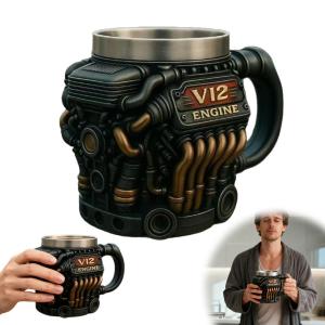 Unique Engine Shaped Mug Stainless Steel Liner Resin Appearance V6 V8 V12 Engine Engine Cup Excellent Choice For Gift Giving