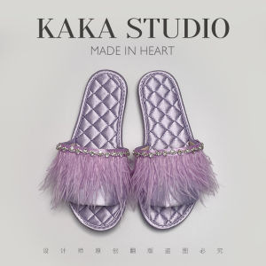 Luxurious Feather Morning Robe Slippers Soft Bottom Indoor Outdoor Wear Spring Summer French Style Satin Home Shoes for Women