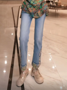 Shalldoer | Quần Jeans Phong Cách Trung Quốc Thêu Xòe Dây Nịt Cao Giảm Béo