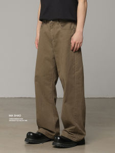 Retro American Washed Denim Jeans Mens Brown Spring New Loose Straight Leg Wide Leg Long Pants Cotton 100% Youth Zipper