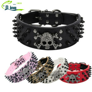 2" Wide Spiked Studded Leather Dog Collar Bullet Rivets with Cool Skull Pet Accessories for Meduim Large Dogs Pitbull Boxer XS-L