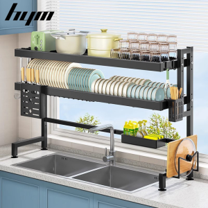 HYM 1/2 Layer Dish Drying Drainer Rack Over Sink Organizer Plates Organizer Kitchen Rack with Accessories Stainless