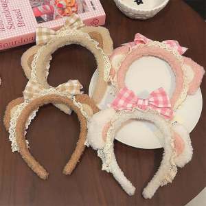 Adorable Bear Ear Hairband for Girls Princess Style Butterfly Knot Plush Headband Childrens Autumn Winter Fashion Accessories