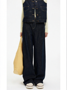 Retro High Waisted Loose Pleated Straight Leg Jeans