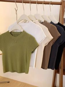 Ice ผ้าไหม เสื้อยืดแขนสั้นถัก ผู้หญิง ฤดูร้อน แฟชั่นบางลดอายุทุกการแข่งขันเสื้อคอกลมตัวสั้น