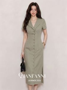 QFN | Slimming Elegant Style Short Sleeve Slit Neck Collar Dress