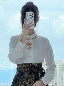 Elegant New Chinese Style Shirt Stand Collar Button Front Top with Horse Tailed Skirt for Daily Commuting High End National Style Womens Autumn Fashion