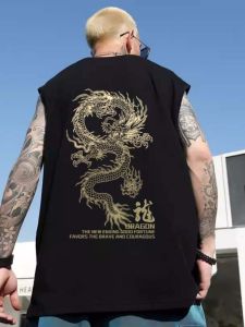 Loose Fit Dragon Year Lucky Sleeveless Vest Mens Summer Sporty Trendy Printed T-Shirt Big Size round Neck No Button Zipper