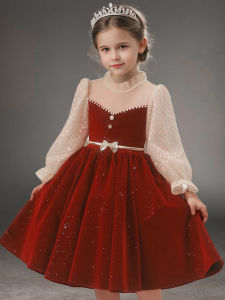 ชุดราตรีผ้ากำมะหยี่สีแดงหรูหราสำหรับเด็กผู้หญิง เสื้อผ้าเด็กผู้หญิง ชุดเจ้าหญิง ชุดดนตรีปิโคนาฬิกา ชุดเลี้ยงลูกวันเกิด ชุดยาว แขนยาว