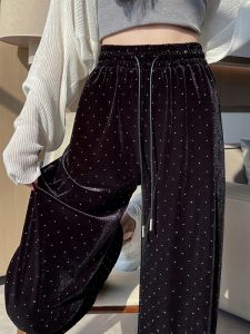 Black Sequin Gold Velvet Sports Pants Womens High Waist Elastic Wide Leg Straight Casual Floor-Length Pants Commute Style