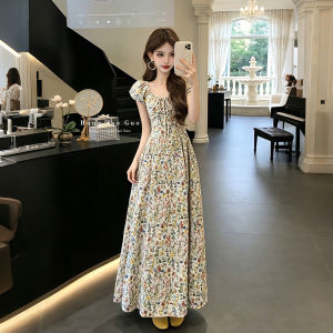 XUECAIQI | Floral Bell Sleeve Waist Slimming Long Dress