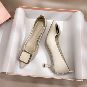 สีนู้ด รองเท้าส้นสูงสี นุ่ม หนัง ทางการ รองเท้าทํางานหัวแหลมแบบสวม ฤดูร้อน รองเท้ายางสบายแต่เพียงผู้เดียว ทันสมัย รองเท้าเดี่ยว