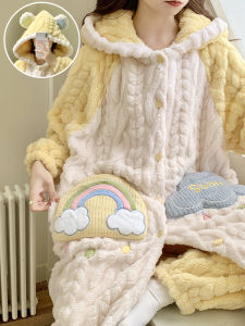 2025 New Womens Fleece Lined Long Thick Home Clothes Coral Velvet Sleepwear Winter Pyjamas Velvet Home Gown Youth Size