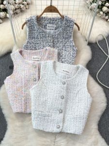 Spring 2025 French Style Small Fragrance Wind Personality High-End Fashion Tweed Slimming Vest Coat Womens Short Button-up