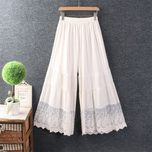 Spring New Arrival Womens Clothing Japanese Style Fresh Elastic Waist Lace Patchwork Leggings Cotton and Linen Solid Color Wide-Leg Pants