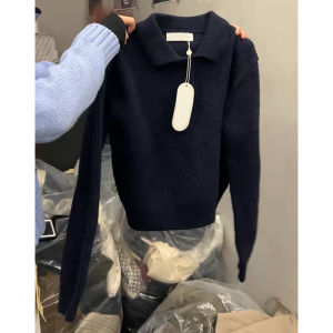 Soft Cozy Black Polo Collar Knitted Sweater Womens Loose Overhead Korean Style Long Sleeve Regular Length Comfort Fit Cashmere