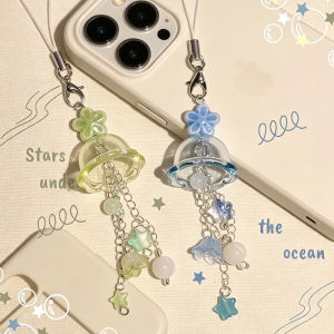 Cute Transparent Jellyfish Phone Charm Star Flower Bead Tassel Pendant Lobster Clasp Y2K Kawaii Handbag Keychain Accessory for G