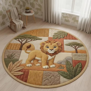 VIKAMA Boho Patchwork Jungle Lion Circular Floor Mat Soft Anti Slip Mat For Kids Play Area Balcony Study Room Interior Decoratio