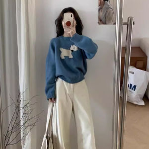 BINKAFENNY | Blue Round Neck Pullover Soft Cozy Dog Sweater Womens Autumn Winter Korean Style Lazy High-End Knitted Top Fashionable Commute