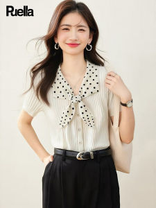 puella | Korean Style Color Block Dots Turn-Down Collar Slim Fit Short Sleeve Top For Women