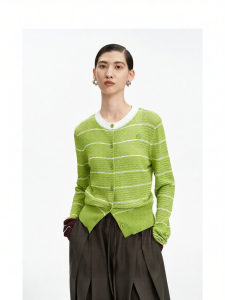 Retro Color Blocking Hollow Stripe Knit Cardigan Women
