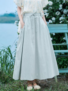 Artistic High Waist Pastel Blue Cream Series A-Line Midi Skirt Womens New Summer 2025 Half-length Skirts Commute Style