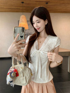 Korean Style Summer Artistic Slim Fit Sweet Anti Aging Butterfly Knot Embroidery V Neck Small Shirt Womens Fashion Lace Shirt