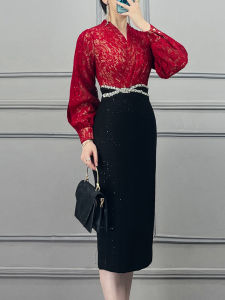 ชุดแต่งงานหรูหรา กระโปรงทรงเอยาวปานกลาง แขนยาว คอวี กระโปรงทรงเอ ชุดแต่งงานสองชิ้น ชุดแต่งงานฤดูใบไม้ร่วง