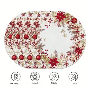 แผ่นรองจานลายดอกไม้คริสต์มาส 4 ชิ้น VIKAMA สำหรับงานสังสรรค์ครอบครัว งานเลี้ยงคริสต์มาส ของตกแต่งโต๊ะและอุปกรณ์เสริมสำหรับวันหยุด
