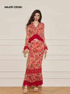 Red Printed Ruffled Set Dress