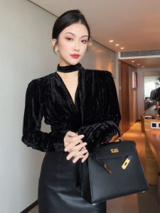 chaqi | Chic Velvet Long Sleeve V-Neck French Style Shirt For Women Base Layer Age-Defying Versatile Design Spring Autumn Commute Fashion