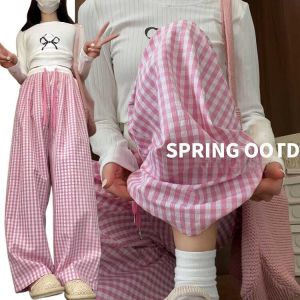 Summer Thin New 2025 Womens High Waist Wide Leg Pants Casual Retro Multi-Functional Light Pink And White Checkered Drawstring
