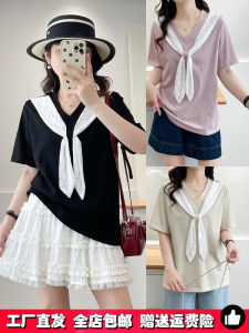 เสื้อยืดคอวีแขนสั้นผ้าลูกไม้ไซส์ใหญ่ เสื้อผ้าทำงานสไตล์เกาหลี ทรงหลวม ผ้าฝ้ายผสมโพลีเอสเตอร์ ทรงปกติ ฤดูร้อน