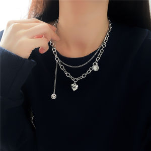 KANCAI Double Layered Heart Smiley Face Sweatshirt Necklace Womens Style Autumn Winter Korean Version Fashion Versatile Sweater Chain