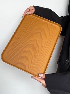 Wood Grain Plastic Tray Square Rectangular Food Serving Tray Japanese-Style Reusable Eco-Friendly Storage Kitchen Plate Dish Set for Fruit Snack Dessert Cake Breakfast Tea