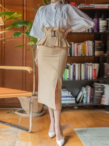 Chic Queen Autumn Winter Khaki Retro High Waist H-Shape Wrap Body Midi Skirt OL Belt City Commute Cotton Woven A-Line Skirt