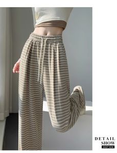 High Waist Straight Leg plus Size Womens Black White Striped Wide Leg Pants Casual Drapey Rice Noodle Pants Spring Autumn