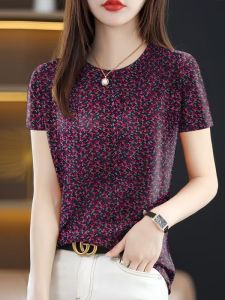 เสื้อยืดพิมพ์ลายแขนสั้นหลวมสำหรับผู้หญิงไซส์ใหญ่ ฤดูร้อน 2025 เสื้อคลุมท้องแบบหลวมๆ สำหรับผู้หญิงวัยกลางคนและผู้สูงอายุ