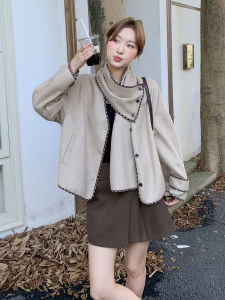 Fashionable Beige Scarf Jacket Womens Casual Short Top Loose Fit Vintage Style Novelty Polyester Fiber V-Neck Button Closure