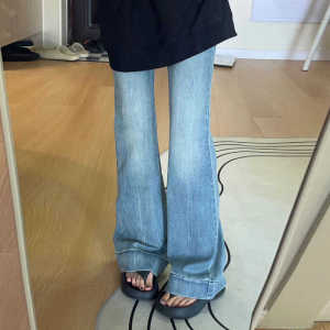High Waist Extended Length Bell Bottom Blue Jeans Womens Elastic Slimming Drapey Bootcut Floor-Length Trousers
