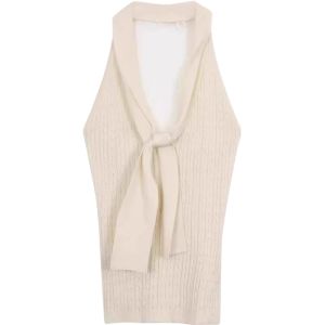 YUEZHONGWEI | White V-neck Lace Splice Knitted Strap Vest Women Summer Outerwear Slim Fit Short Sleeveless Top Asymmetric Commute Style