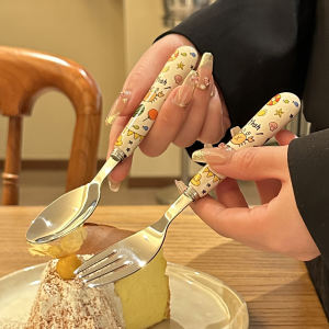 Boss Lady's 304 Stainless Steel Children's Fork Spoon Dining Utensils Fruit Dessert Self-Keeping Little Kids Rice Eating Tool
