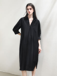 Miccbeirn | Silk Cotton French Style V-neck Dress Simple Commute Shirt Dress Draped Casual Midi Skirt Elegant Pure Color Seven Sleeve Length