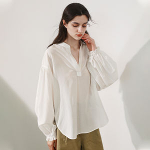 Miccbeirn | Silk Cotton V-neck Shirt Sweet Style Long Sleeve Lantern Sleeve Simple Design Summer Top Drapey Material Cotton 75% Silk 25%