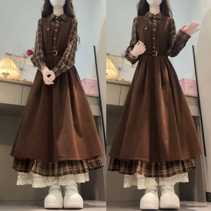 SUSIEYUAN | Early Spring New Melanoid Patchwork Fake Two-Piece Plaid Shirt Dress Fitted Campus Style Long Dress