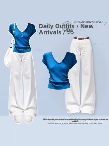 NUMEN BUTTON | Slim Fitting Petite Summer Casual Commuter Style Womens Set with Straight Leg Jeans